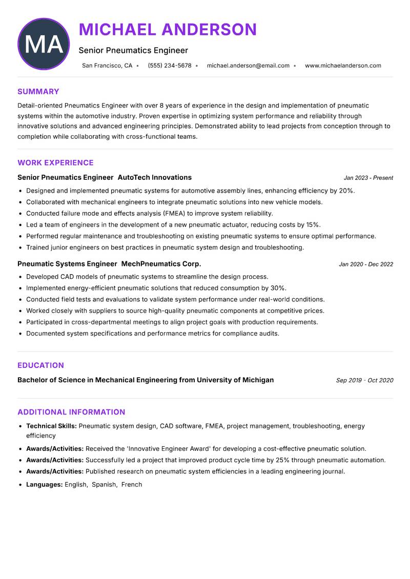 Pneumatics Engineer resume example — ATS-friendly template