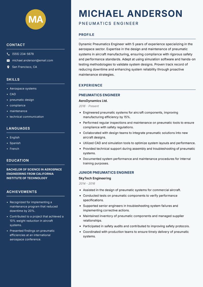 Pneumatics Engineer resume template — Classic Clean
