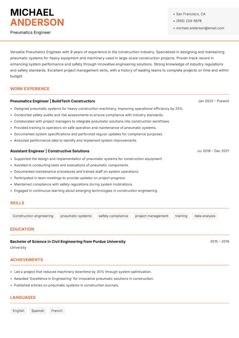 Pneumatics Engineer resume template — Modern Professional