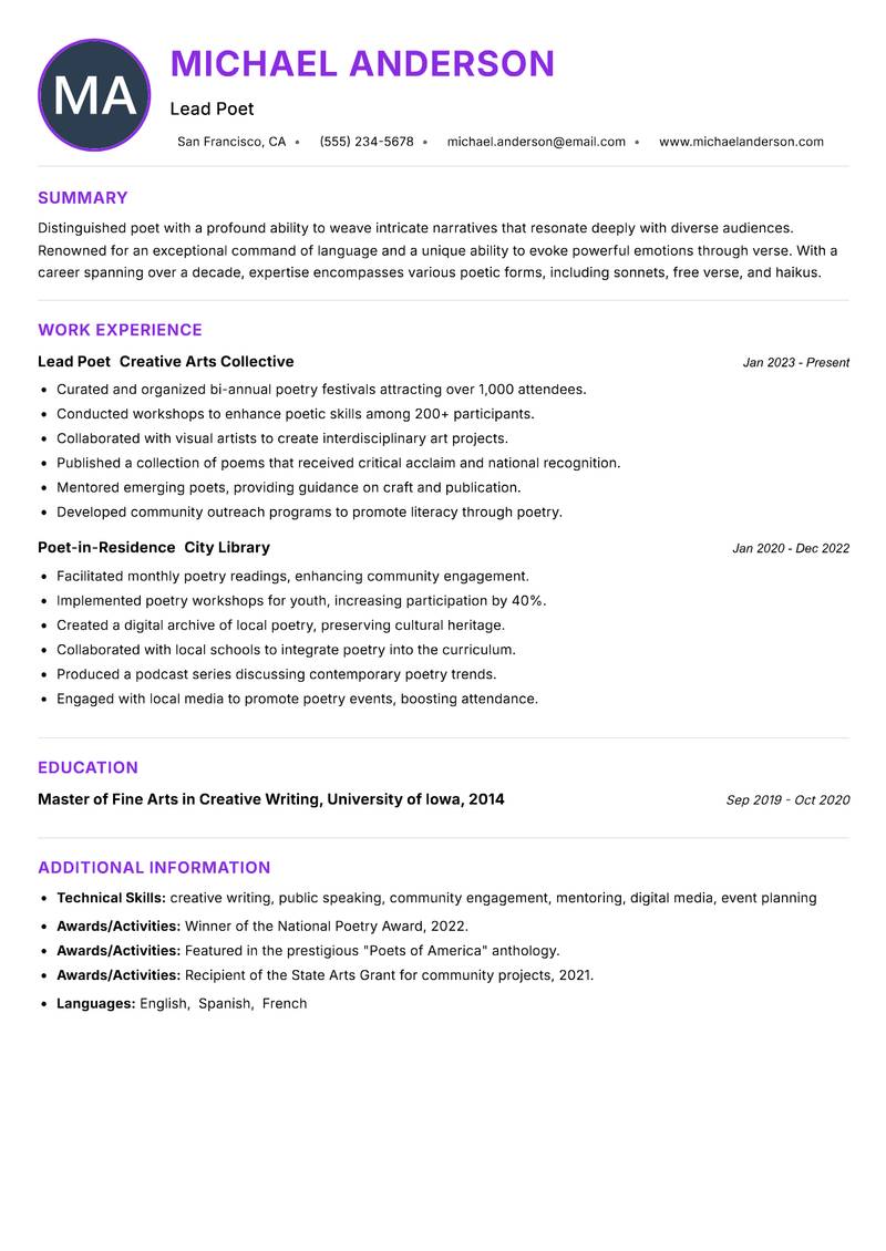 Poet resume example — ATS-friendly template