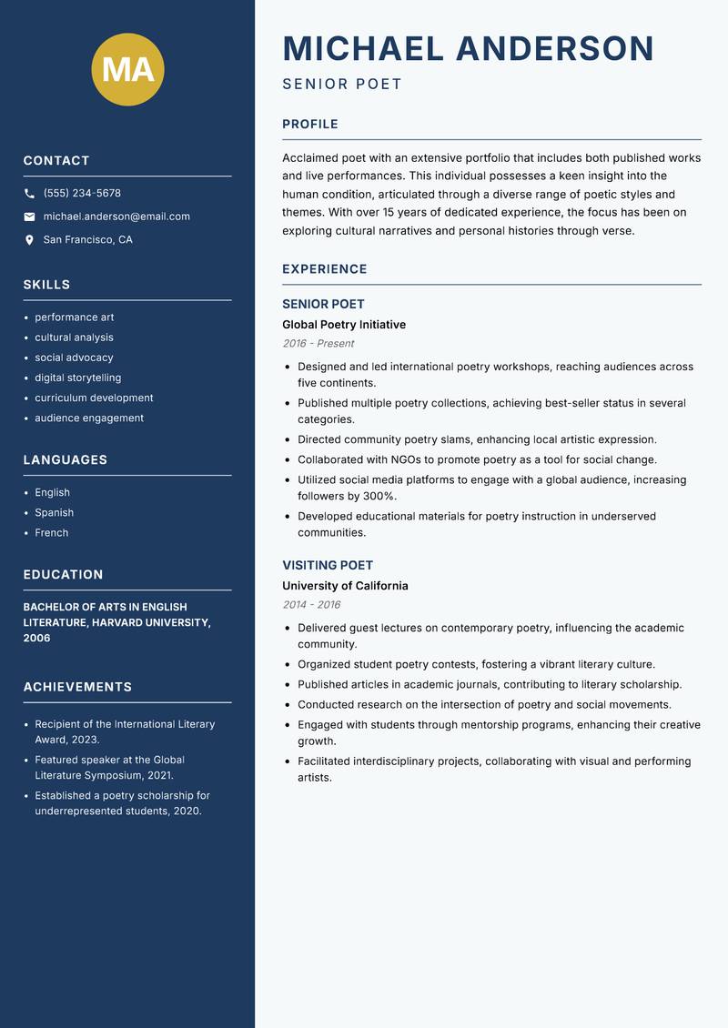 Poet resume template — Classic Clean