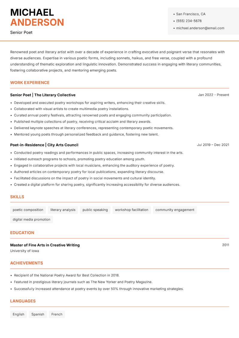 Poet resume template — Modern Professional