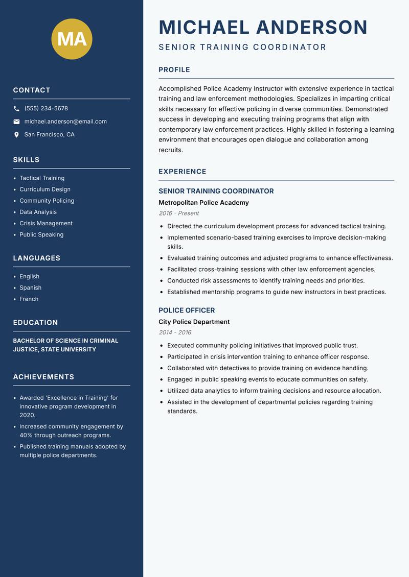 Police Academy Instructor resume template — Classic Clean
