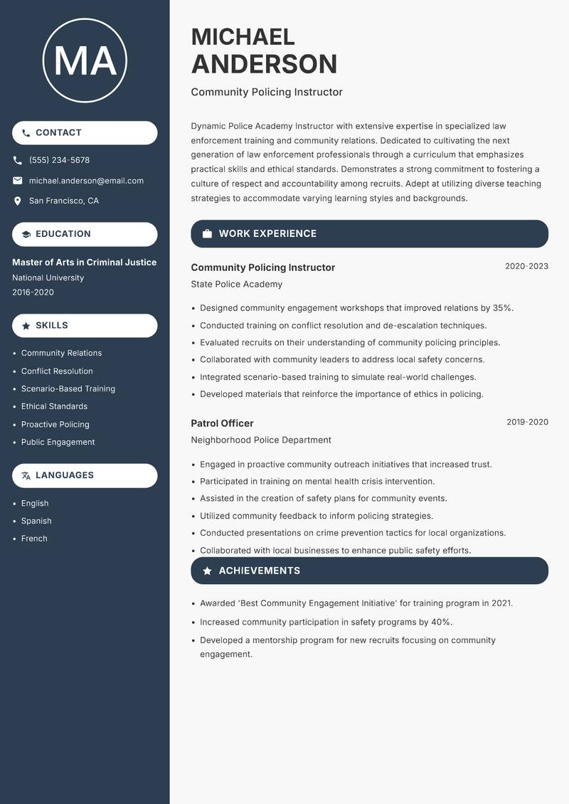 Police Academy Instructor resume template — Compact