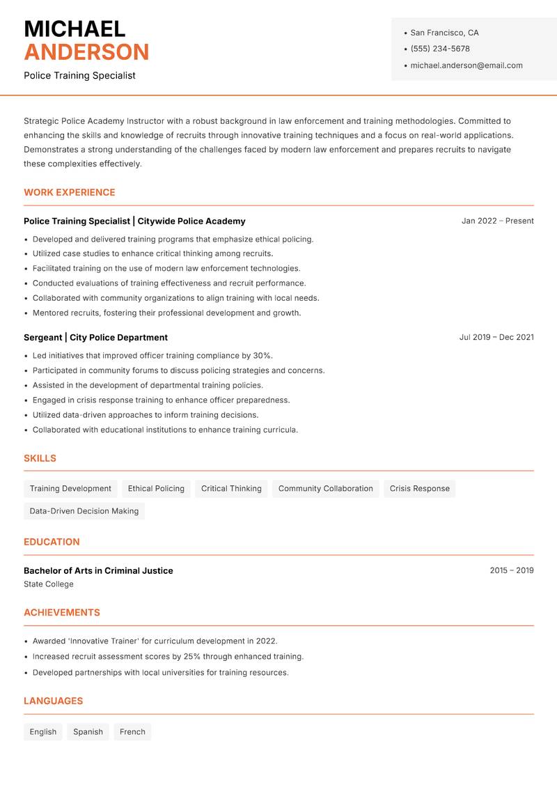 Police Academy Instructor resume template — Modern Professional