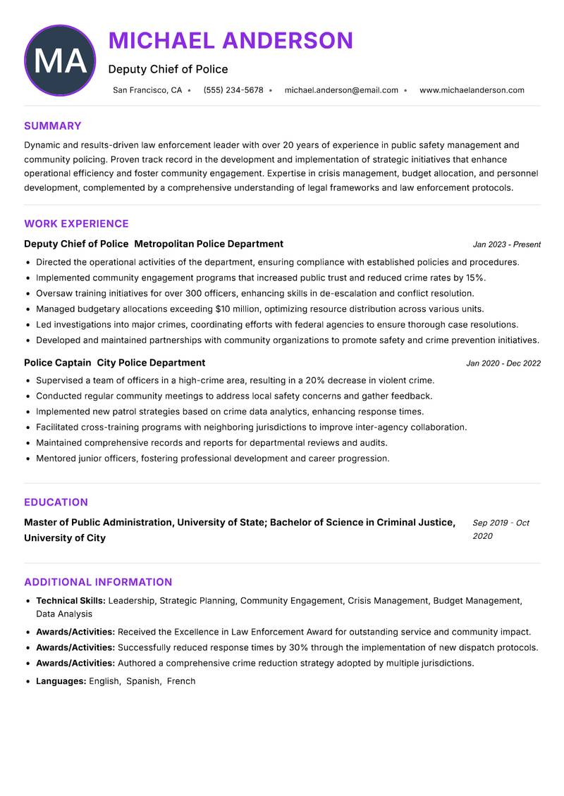 Police Commissioner resume example — ATS-friendly template