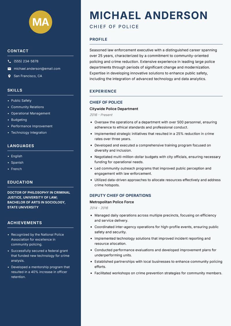 Police Commissioner resume template — Classic Clean