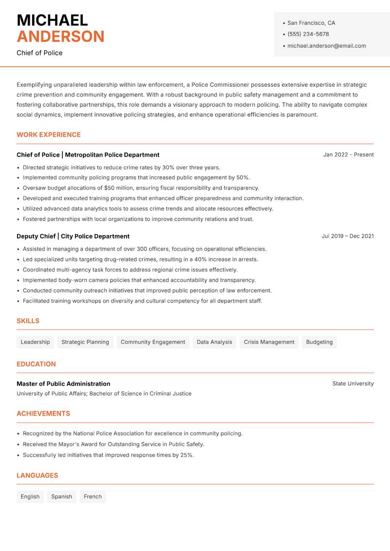 Police Commissioner resume template — Modern Professional