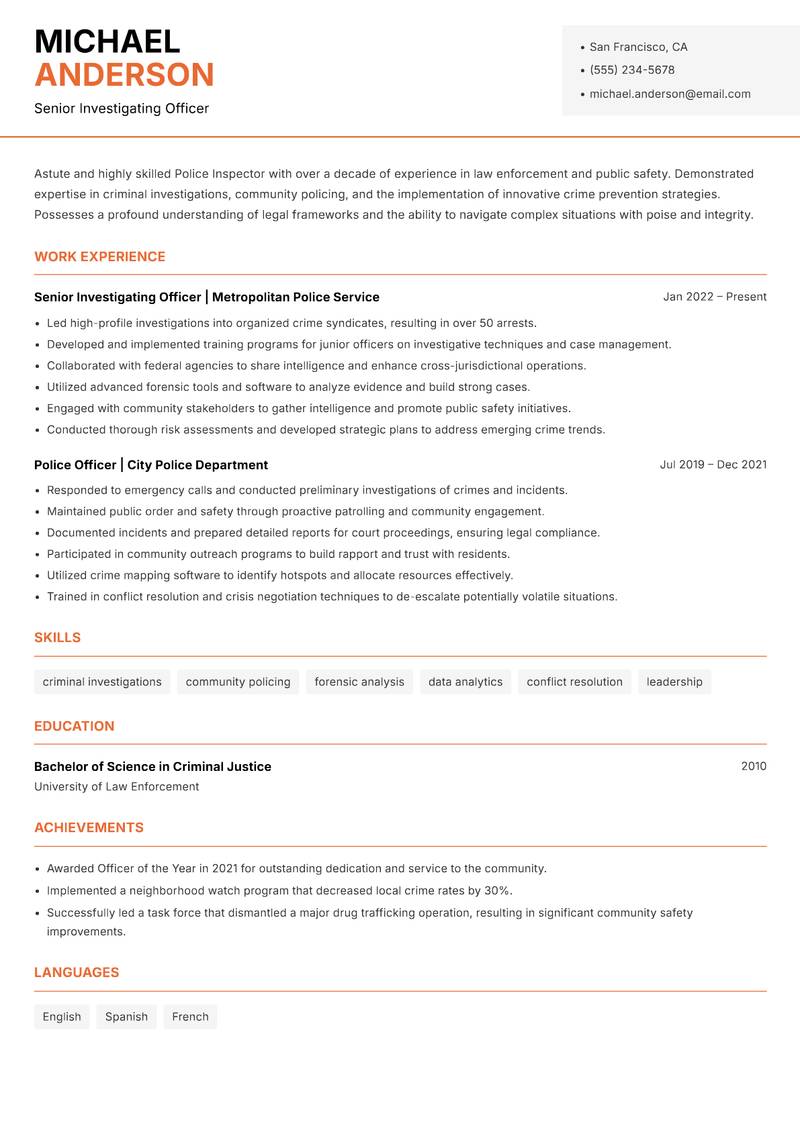 Police Inspector resume template — Modern Professional