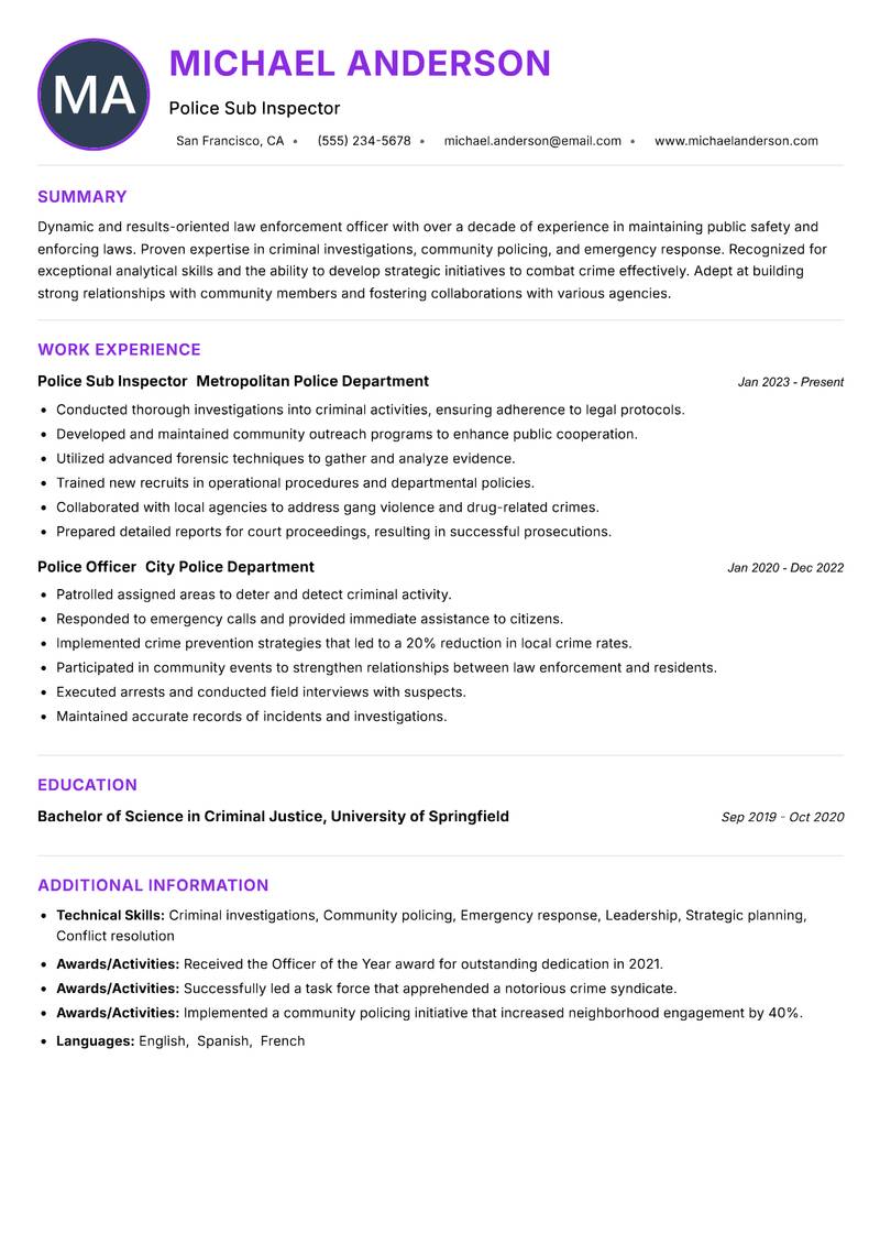 Police Sub Inspector resume example — ATS-friendly template