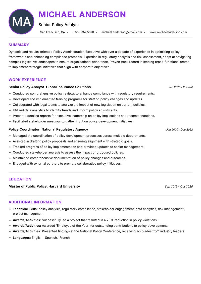 Policy Administration Executive resume example — ATS-friendly template