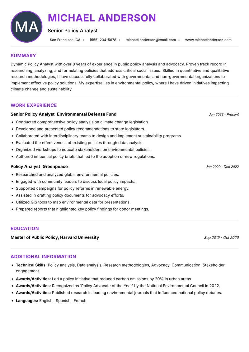 Policy Analyst resume example — ATS-friendly template