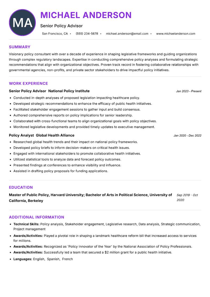 Policy Consultant resume example — ATS-friendly template