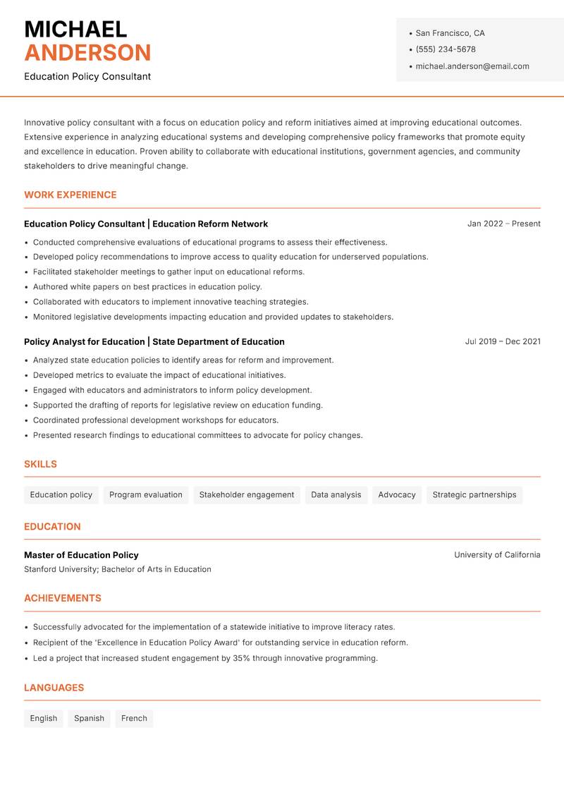 Policy Consultant resume template — Modern Professional