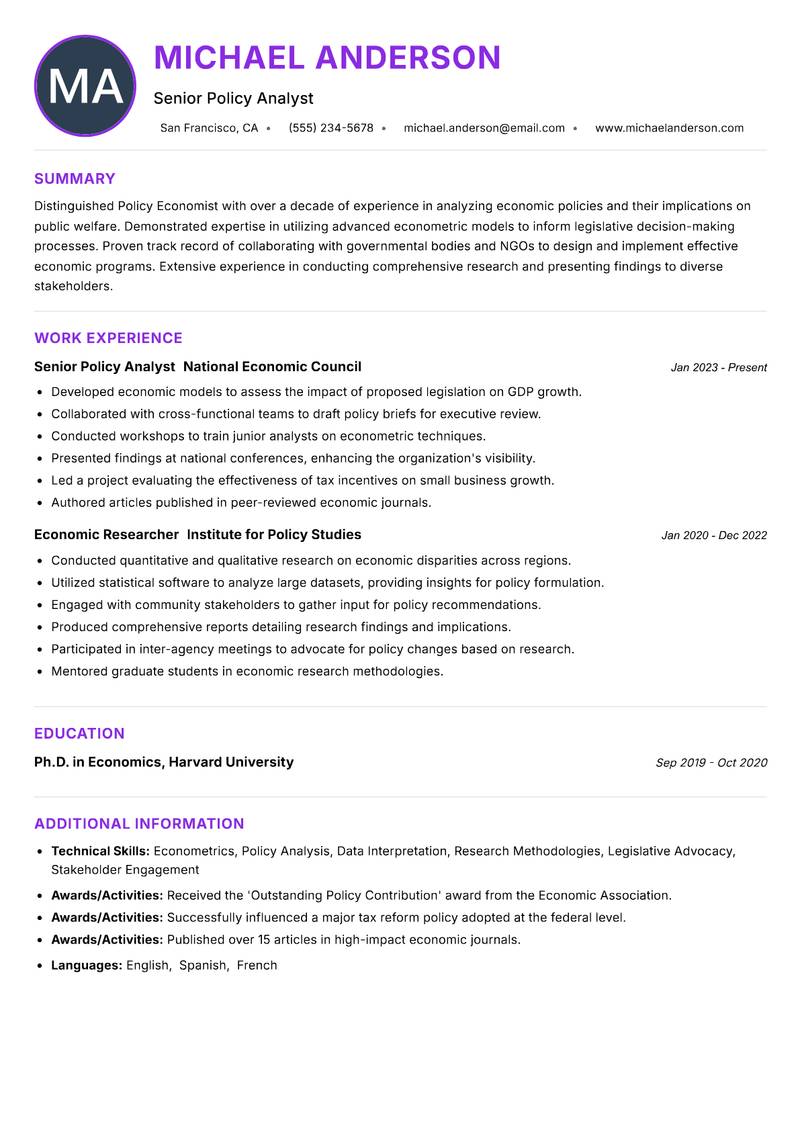 Policy Economist resume example — ATS-friendly template