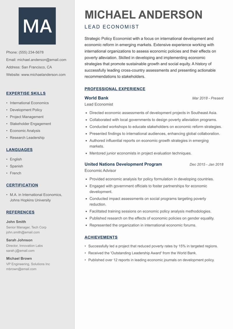 Policy Economist resume template — Creative Minimal
