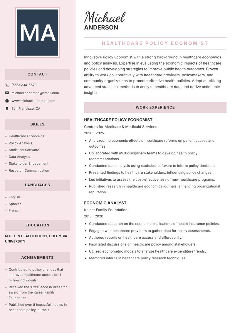 Policy Economist resume template — Executive