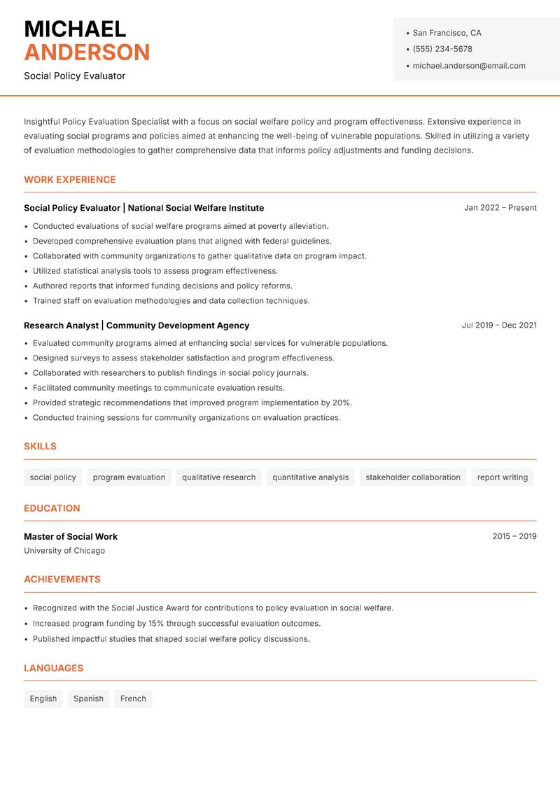 Policy Evaluation Specialist resume template — Modern Professional