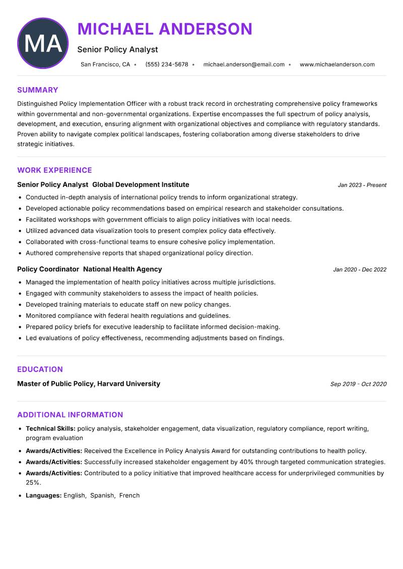 Policy Implementation Officer resume example — ATS-friendly template