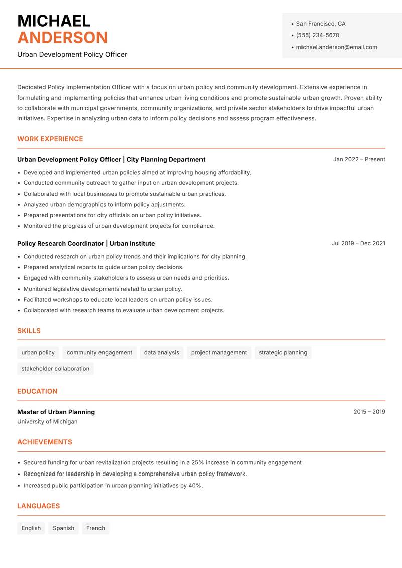 Policy Implementation Officer resume template — Modern Professional