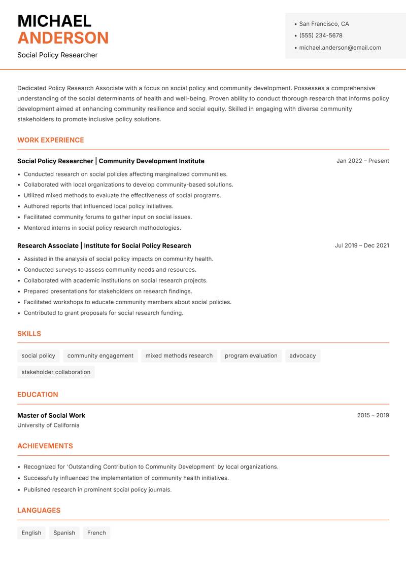 Policy Research Associate resume template — Modern Professional