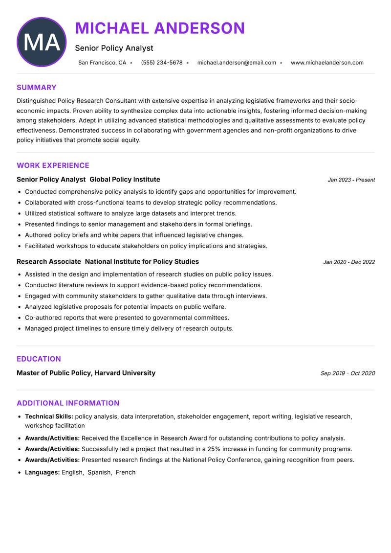 Policy Research Consultant resume example — ATS-friendly template