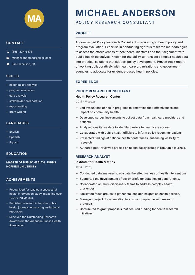 Policy Research Consultant resume template — Classic Clean