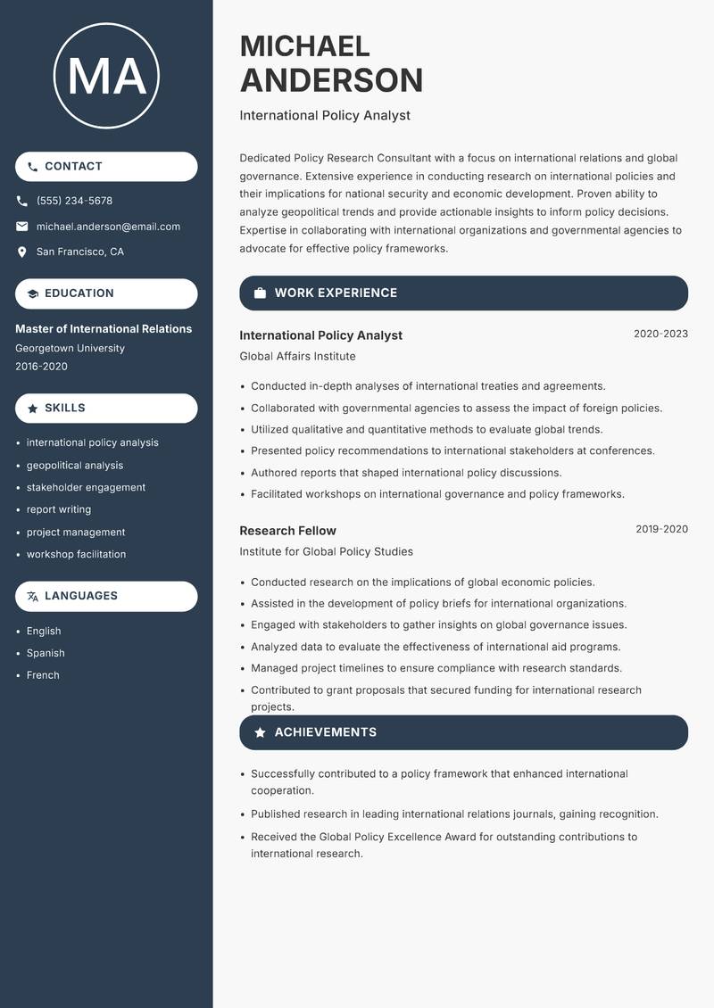 Policy Research Consultant resume template — Compact