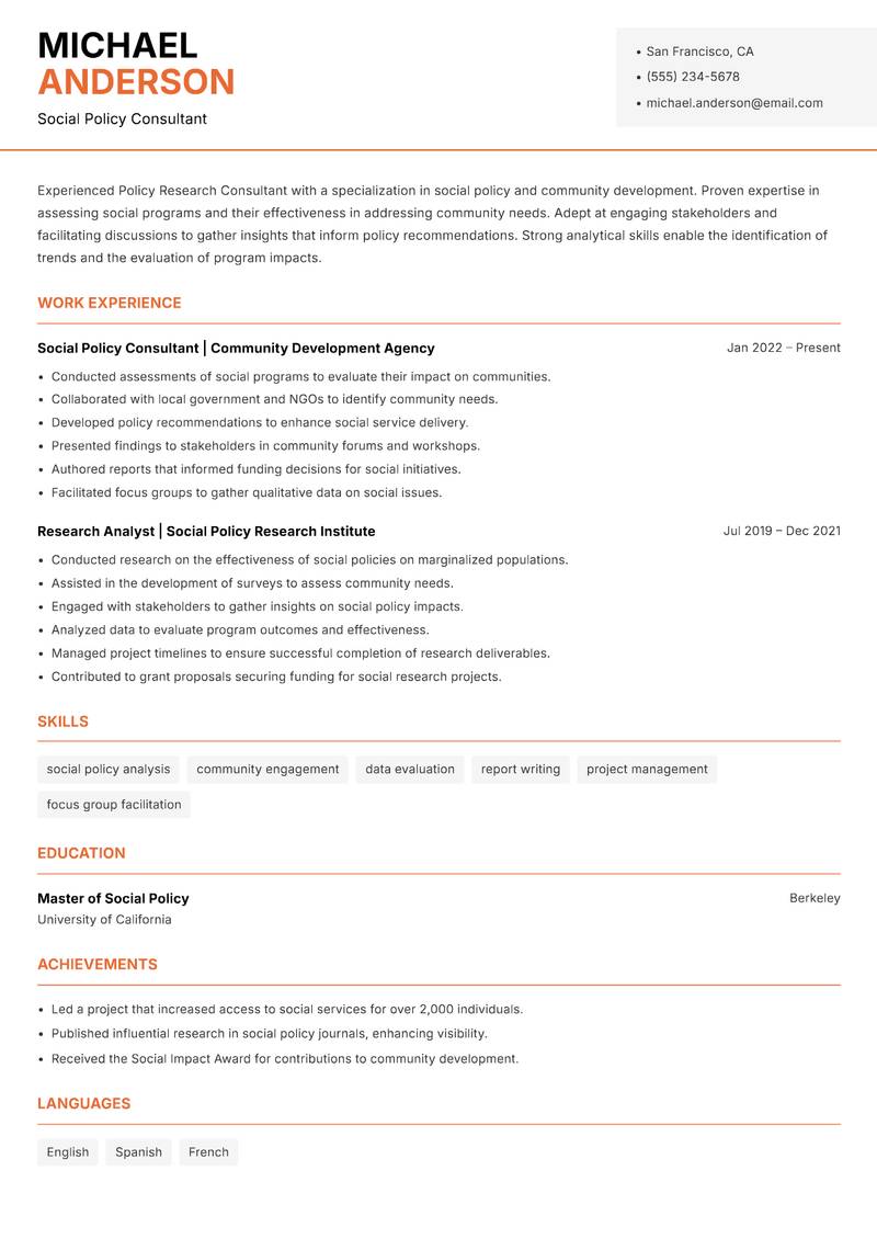 Policy Research Consultant resume template — Modern Professional