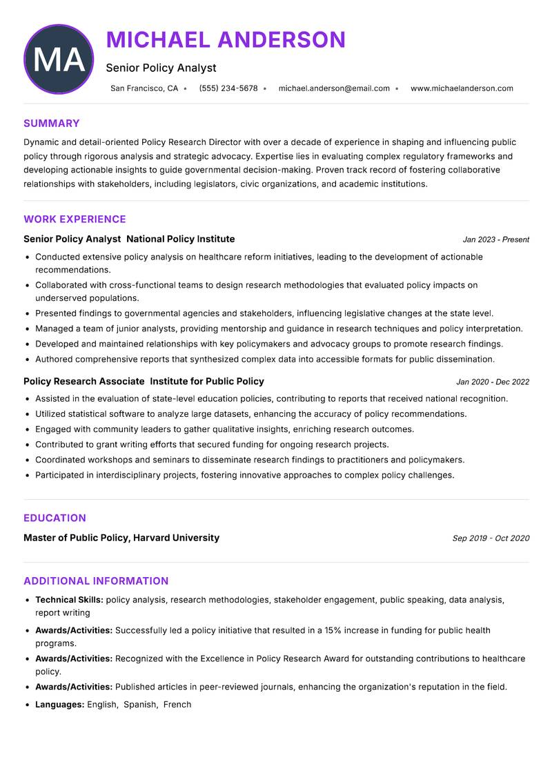 Policy Research Director resume example — ATS-friendly template