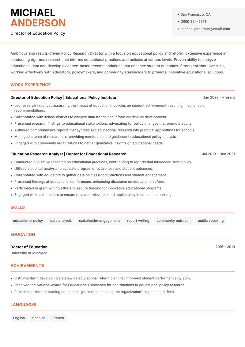 Policy Research Director resume template — Modern Professional