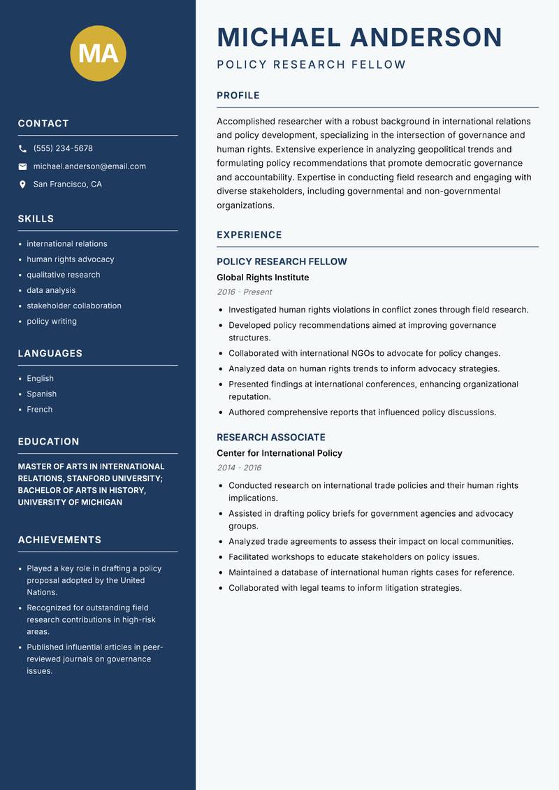 Policy Research Fellow resume template — Classic Clean