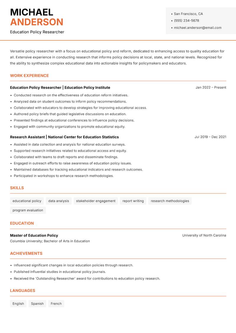Policy Research Fellow resume template — Modern Professional