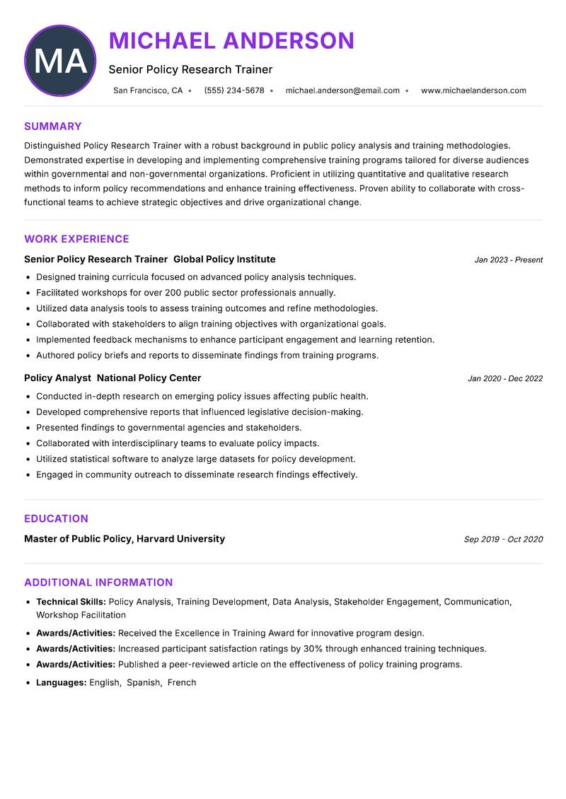 Policy Research Trainer resume example — ATS-friendly template