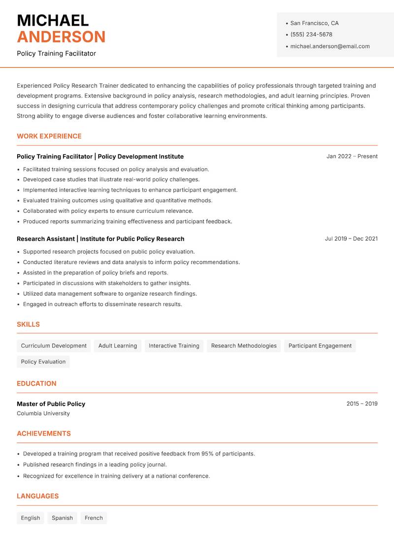 Policy Research Trainer resume template — Modern Professional