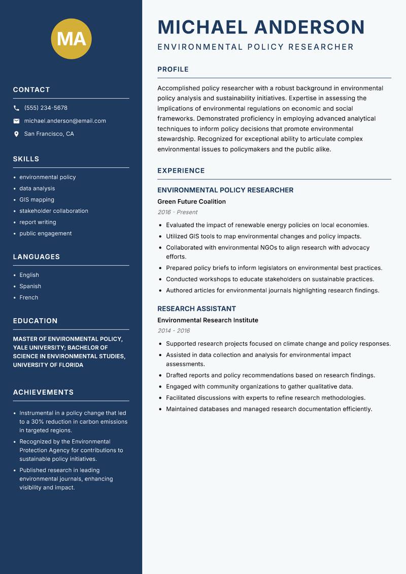 Policy Researcher resume template — Classic Clean