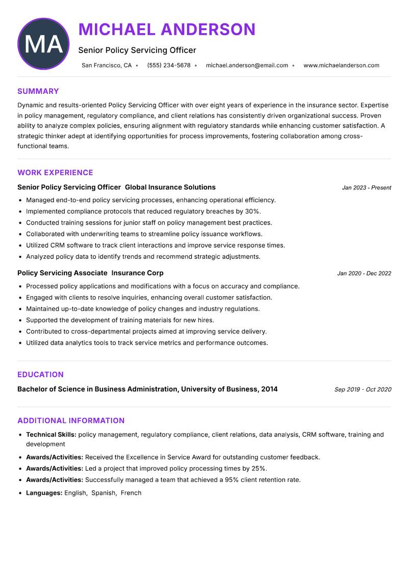 Policy Servicing Officer resume example — ATS-friendly template