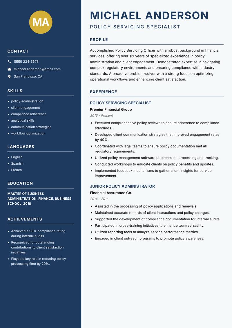 Policy Servicing Officer resume template — Classic Clean