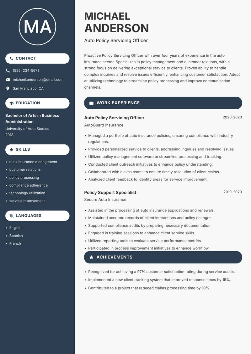 Policy Servicing Officer resume template — Compact