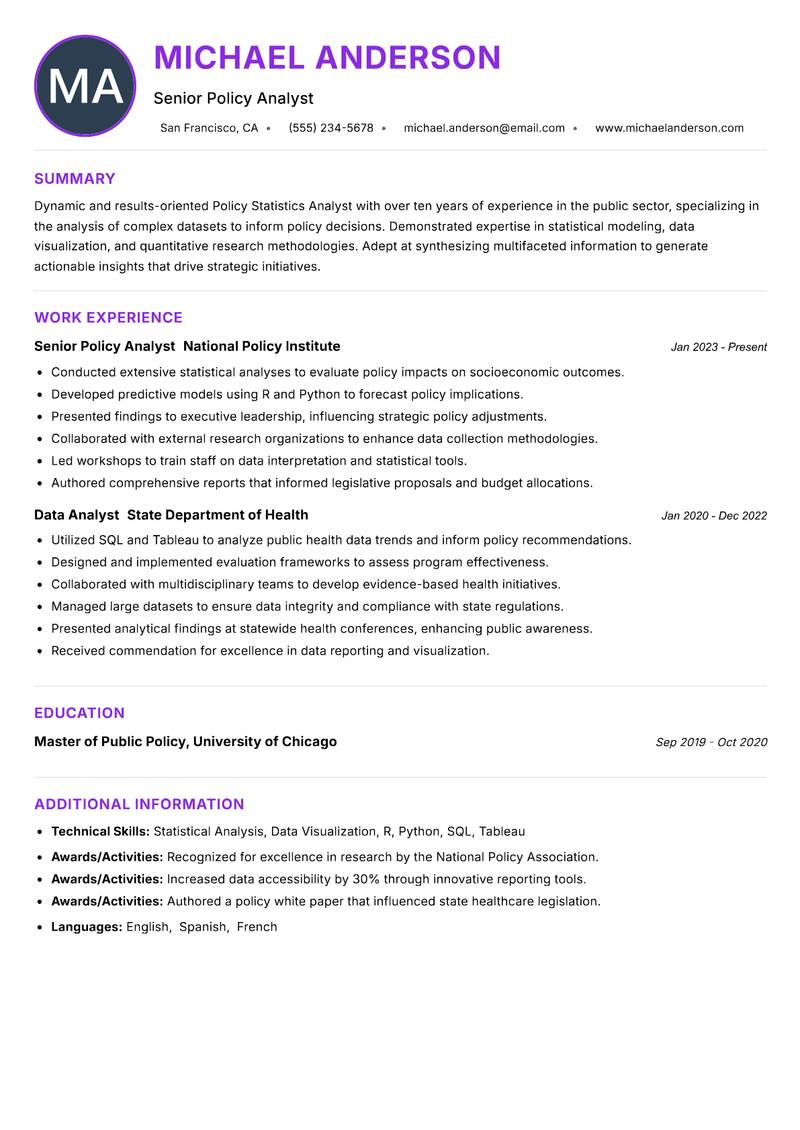Policy Statistics Analyst resume example — ATS-friendly template