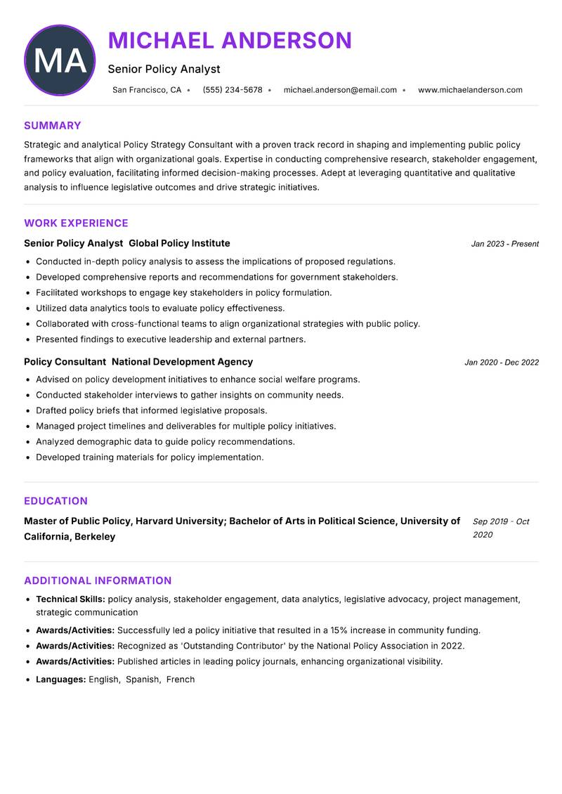 Policy Strategy Consultant resume example — ATS-friendly template