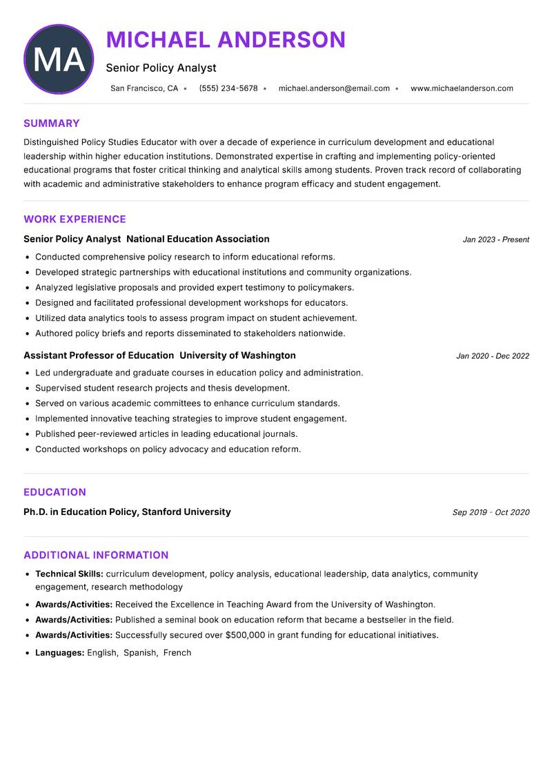 Policy Studies Educator resume example — ATS-friendly template