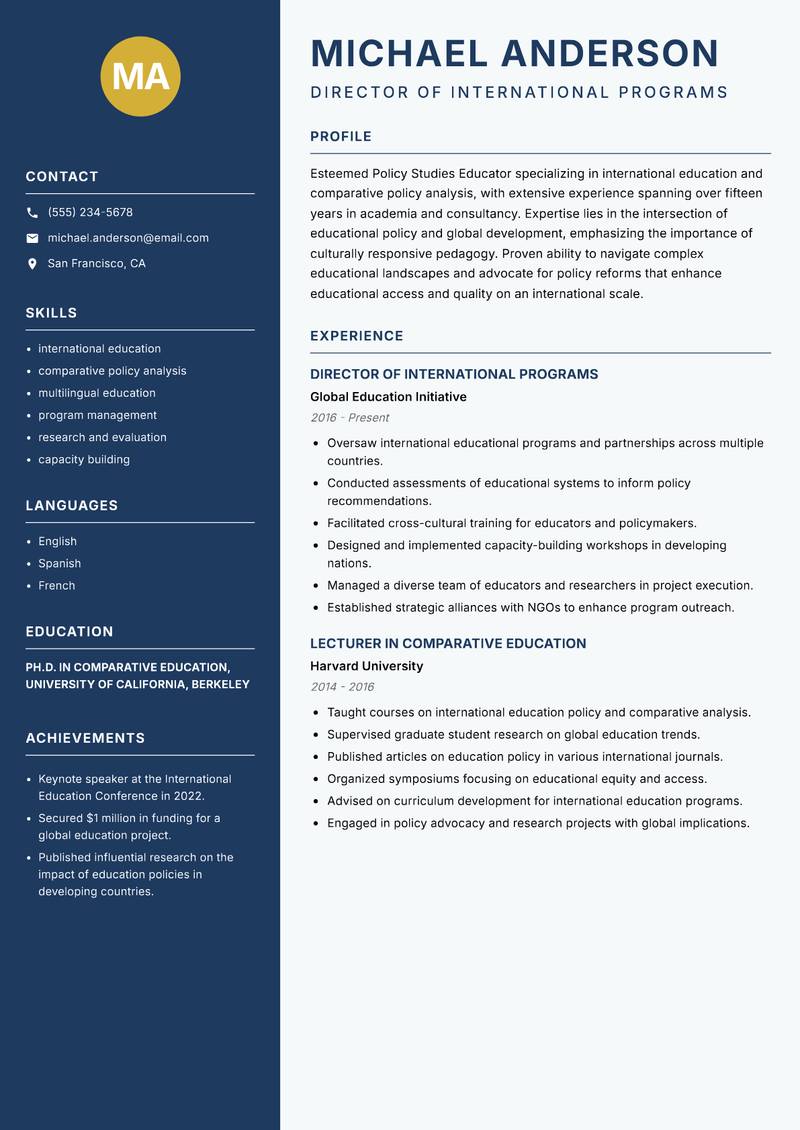 Policy Studies Educator resume template — Classic Clean