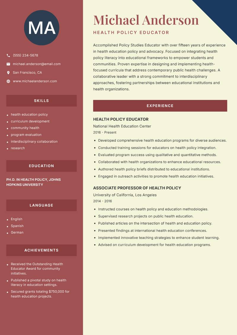 Policy Studies Educator resume template — Two Column