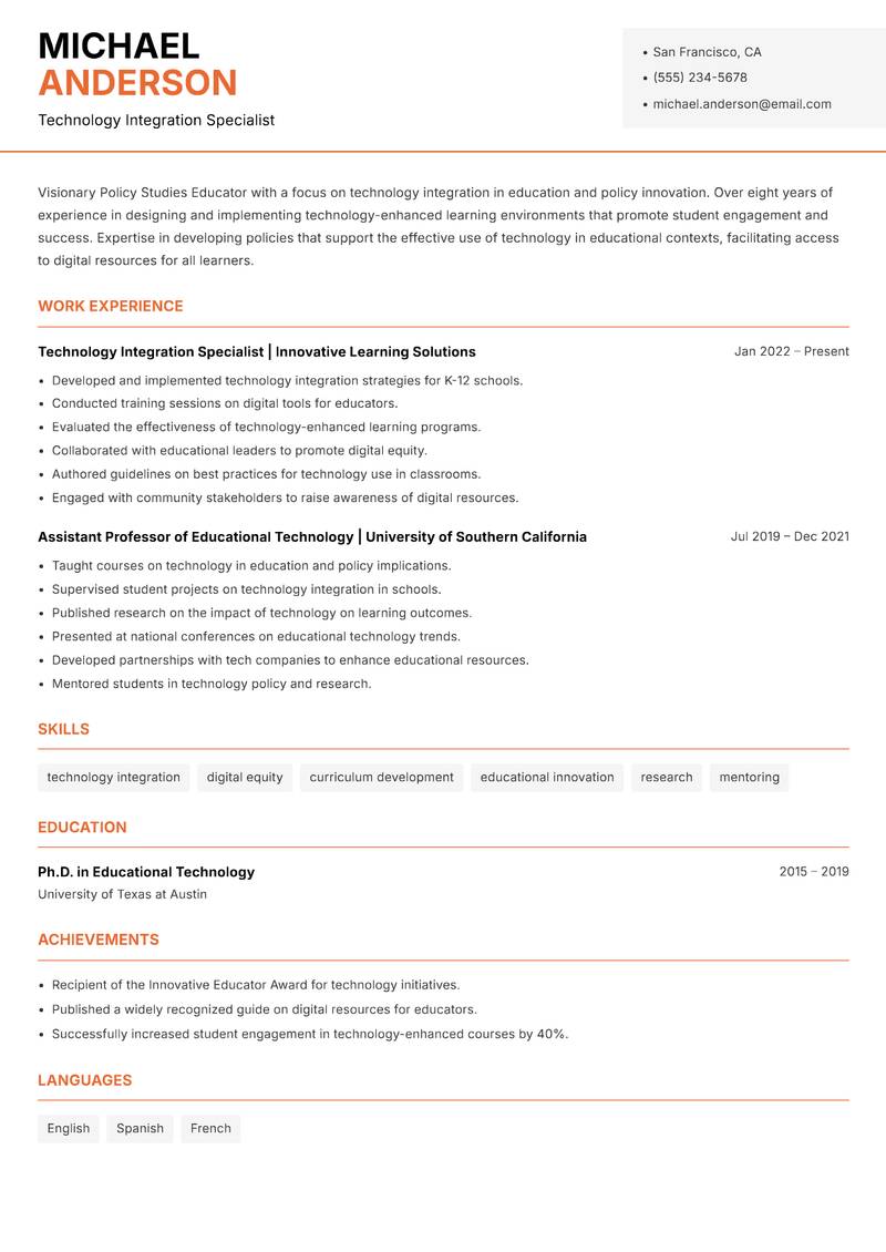 Policy Studies Educator resume template — Modern Professional