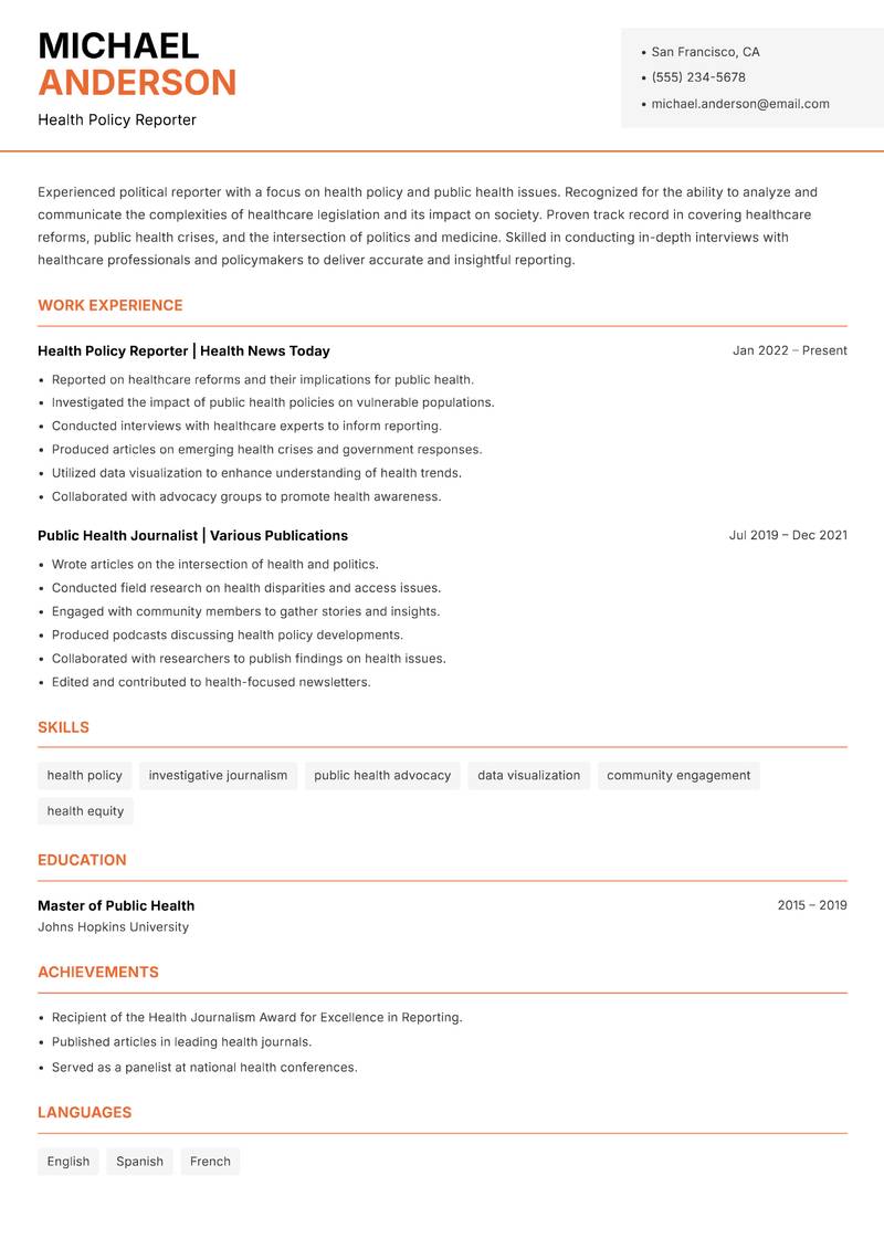 Political Reporter resume template — Modern Professional