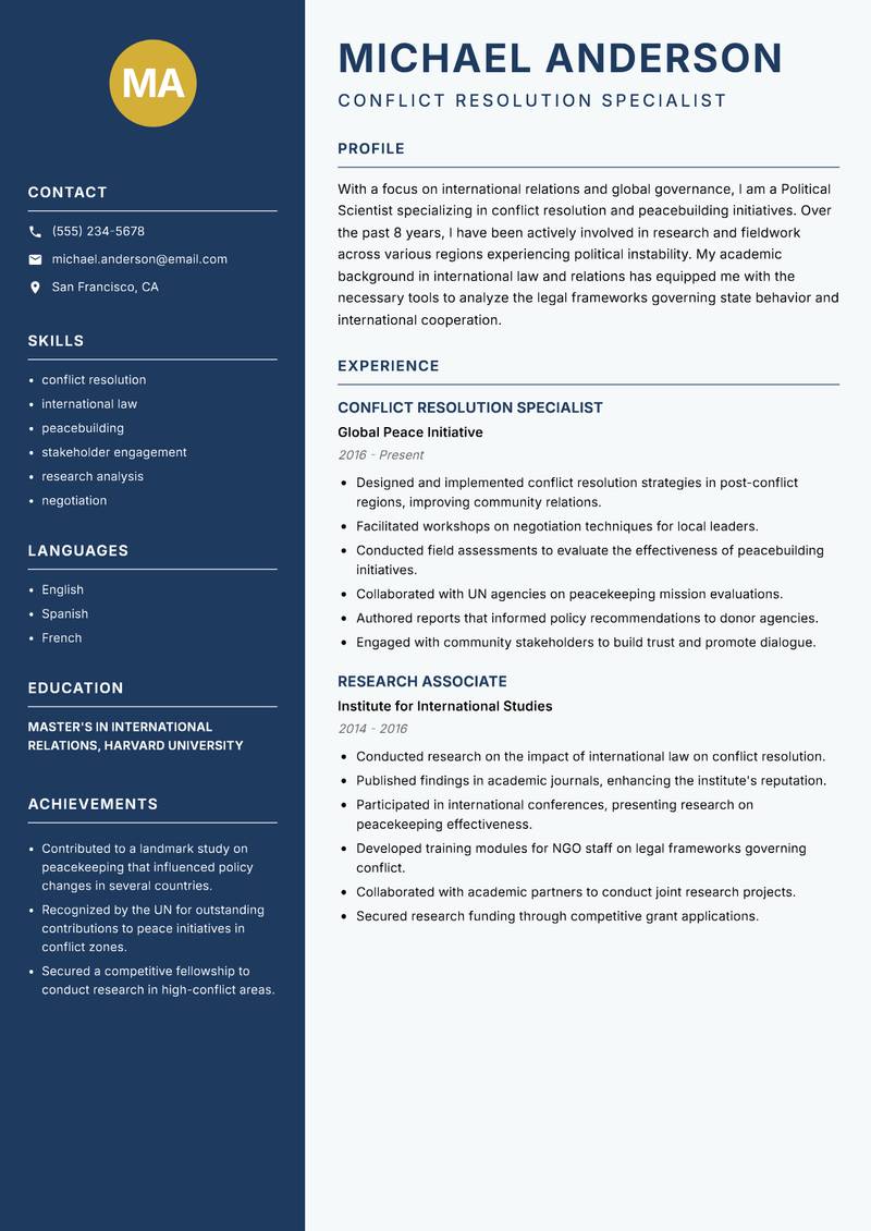 Political Scientist resume template — Classic Clean