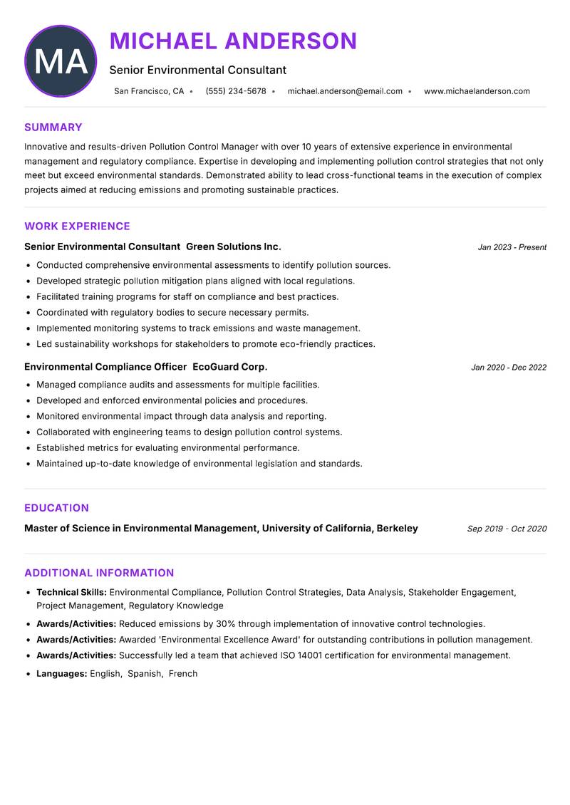 Pollution Control Manager resume example — ATS-friendly template