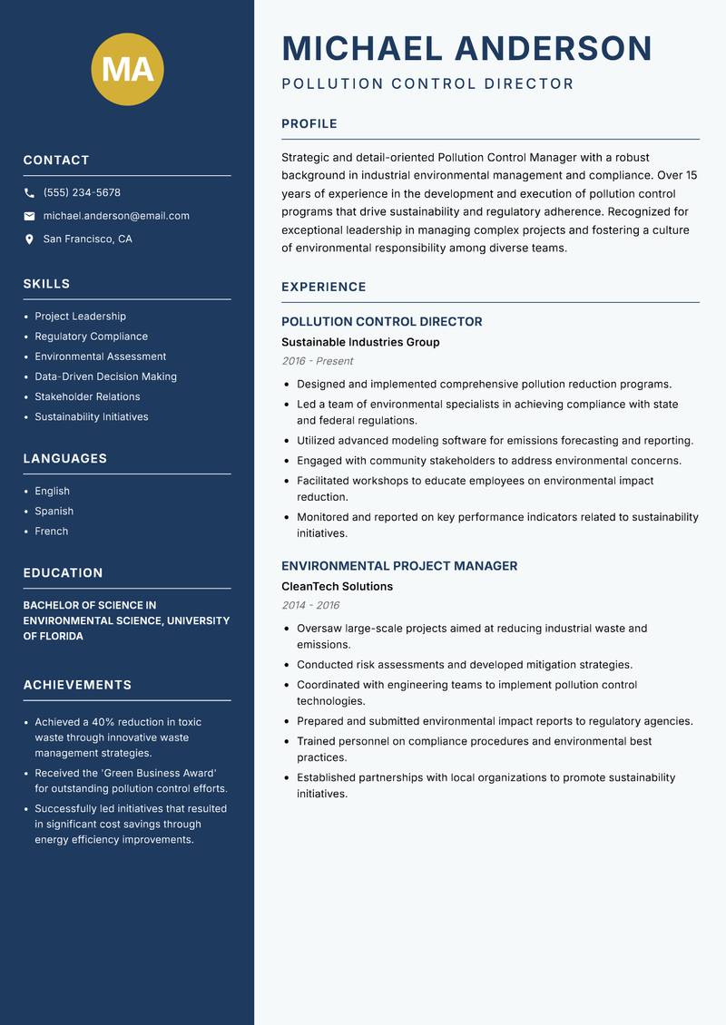 Pollution Control Manager resume template — Classic Clean