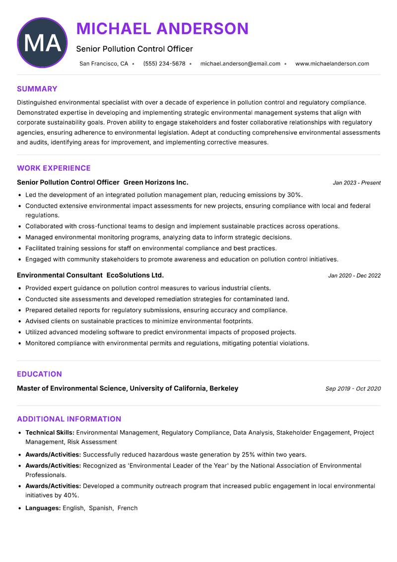 Pollution Control Officer resume example — ATS-friendly template